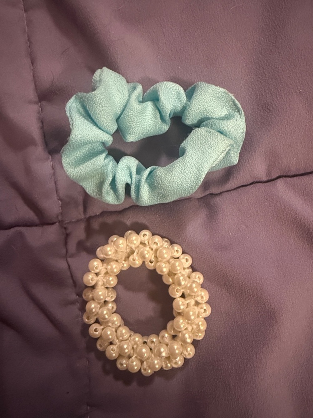 Aqua Fabric Scrunchie and Cream Pearl Beaded Hair Tie Set